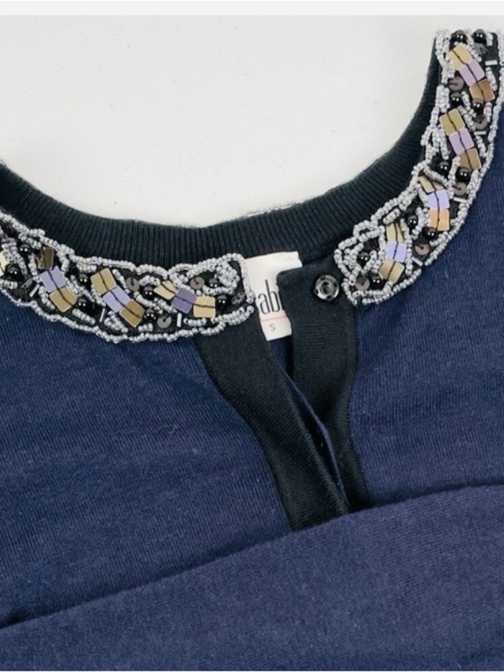 CAbi Navy Blue Embellished Beaded Collar Cotton Blend Cardigan, Size Small